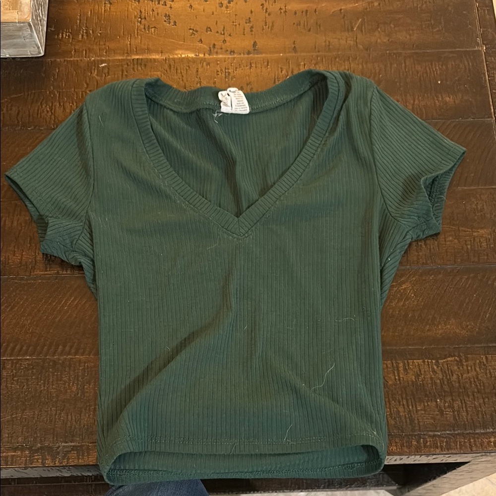 Tilly's Dark Green Ribbed V-Neck Tee